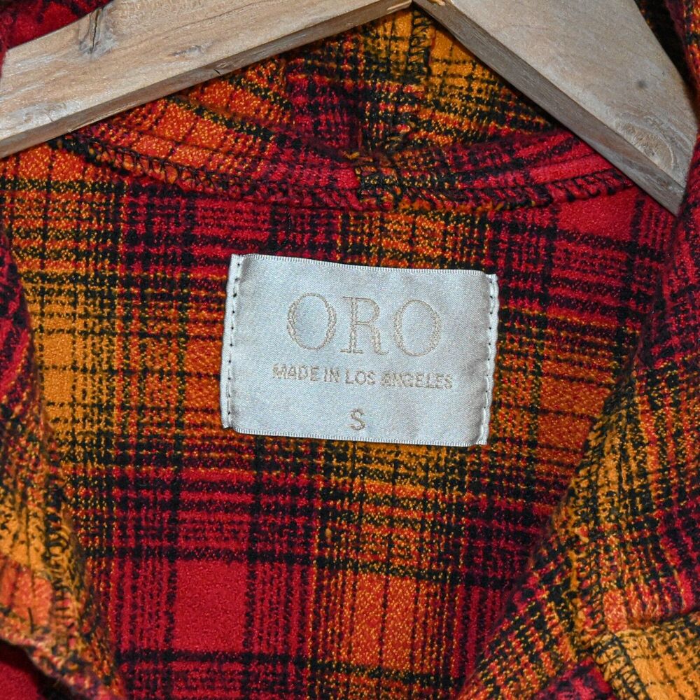 ORO Los Angeles Men's Hooded Flannel Shirt Red Orange Plaid size Small - Picture 4 of 4